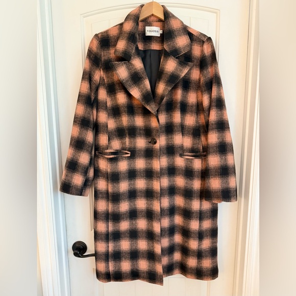 Anthropologie Belle Plaid Coat by Vigoss Checkered  Black & Pink Single Breasted - Picture 5 of 12
